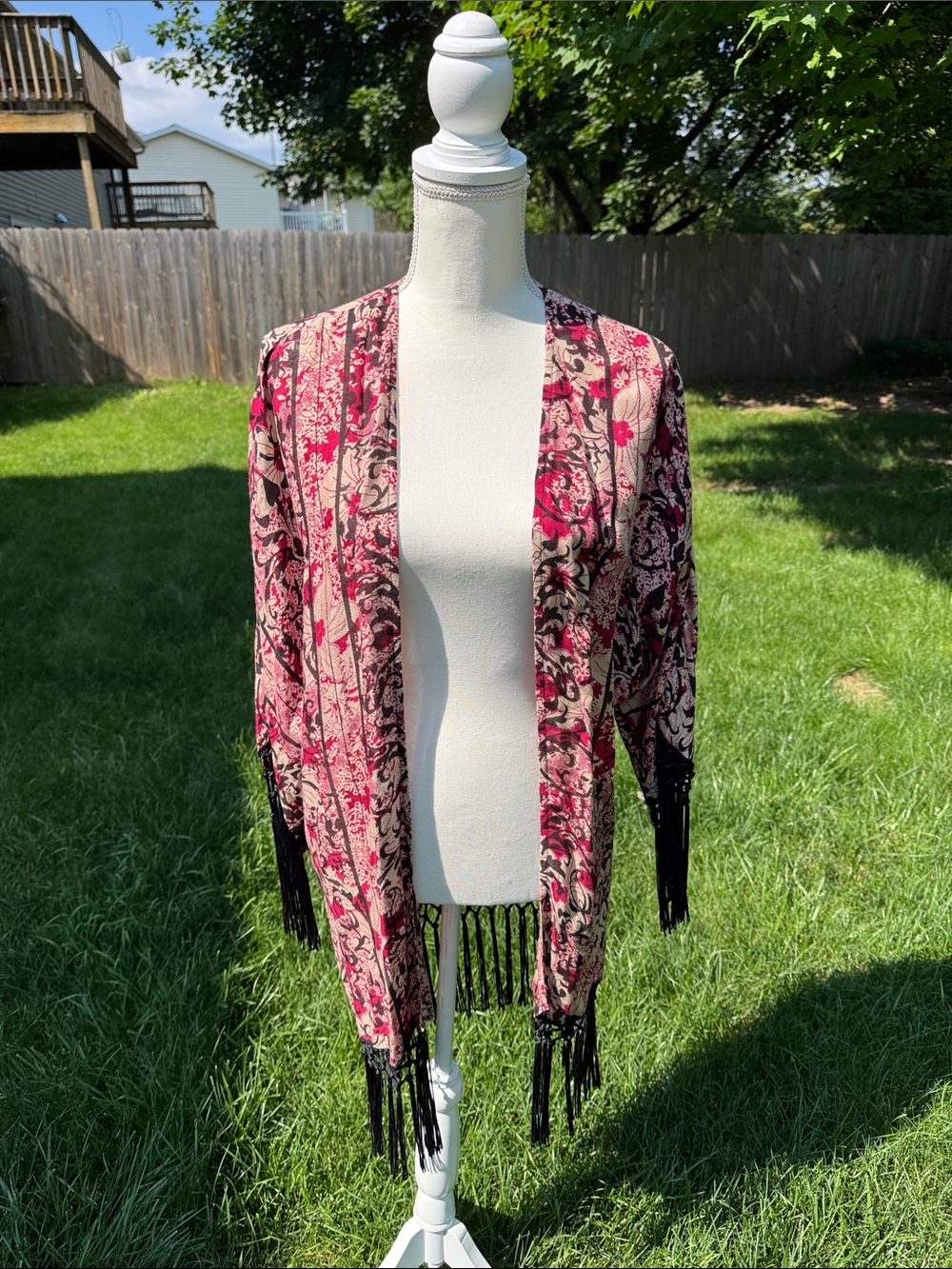 Tanzara wine & tan rayon kimono with fringe S